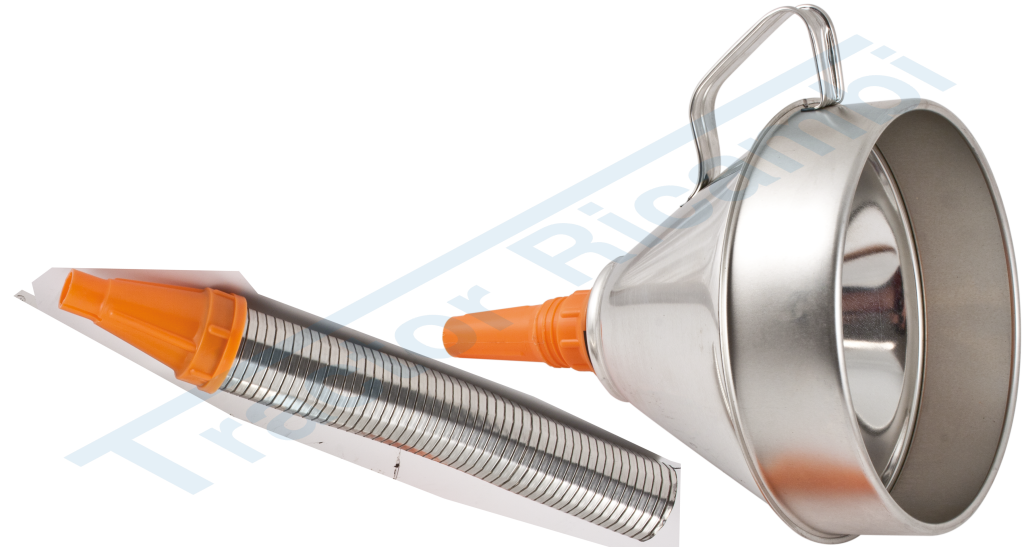 METAL FUNNEL WITH FILTER AND FLEXIBLE SHANK.