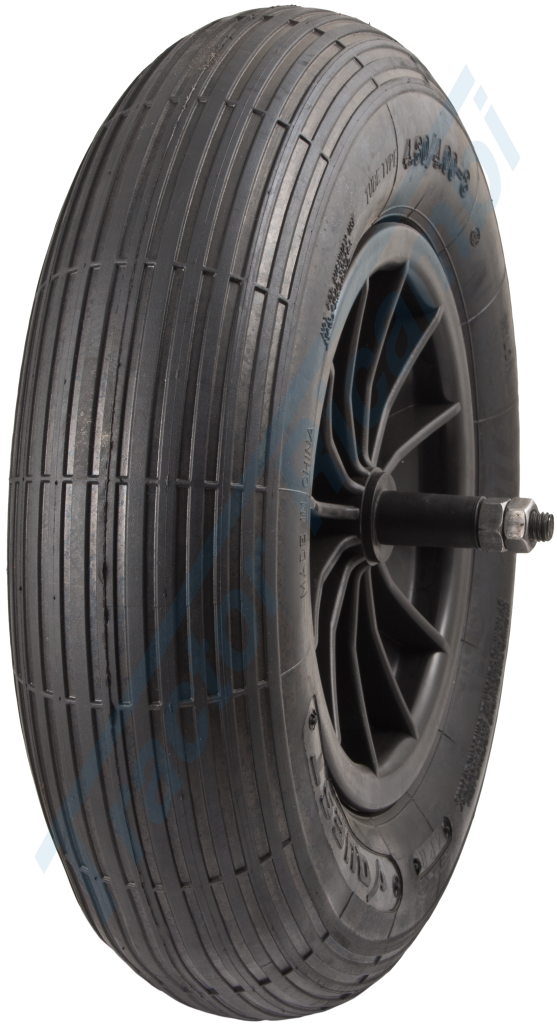 Wheelbarrow wheel with ribbed tire and hub with nylon bushings